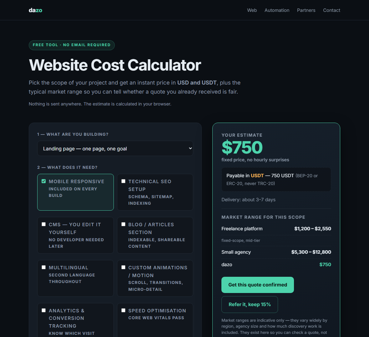 The website cost calculator showing its own fixed price beside the freelance and small-agency market range