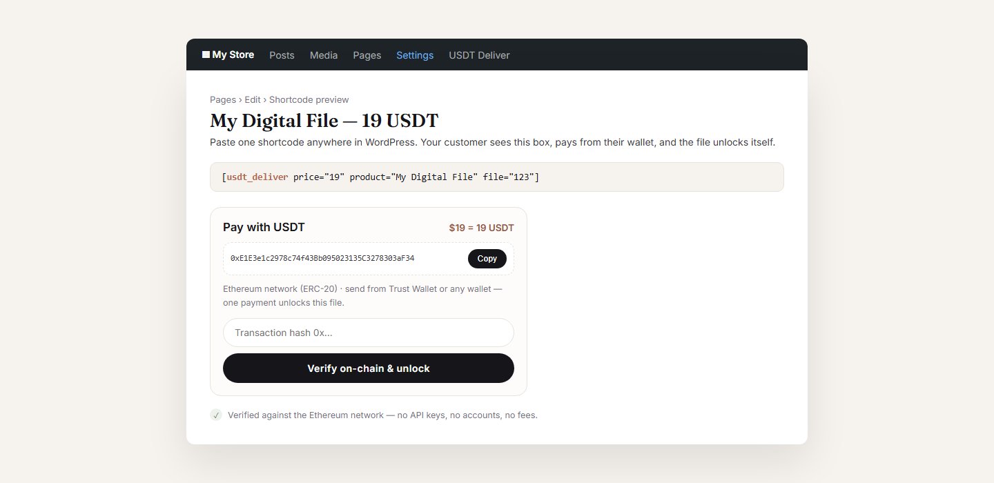 The USDT Deliver checkout box inside the WordPress editor